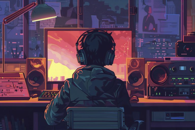 retro-digital-art-illustration-person-using-radio-technology